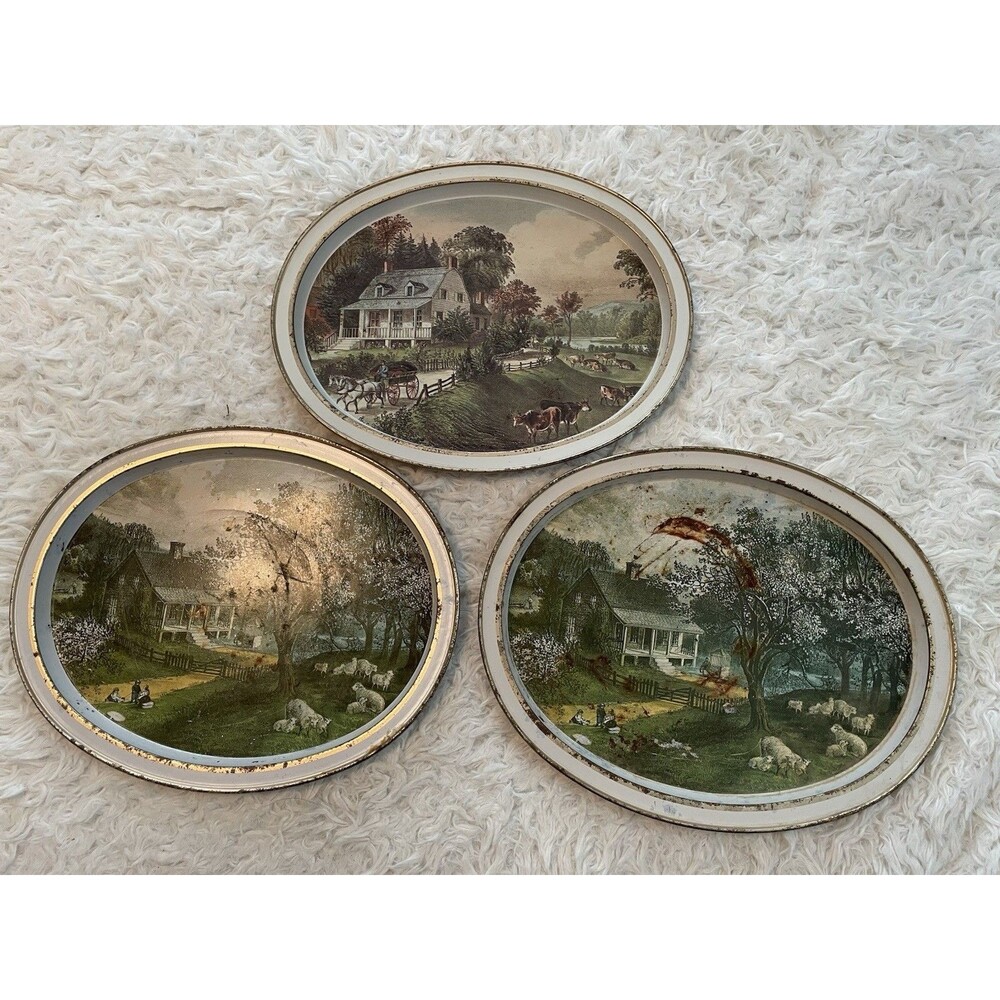3-Vintage Currier And Ives "The American Homestead - Sp N SummerTin Serving Tray